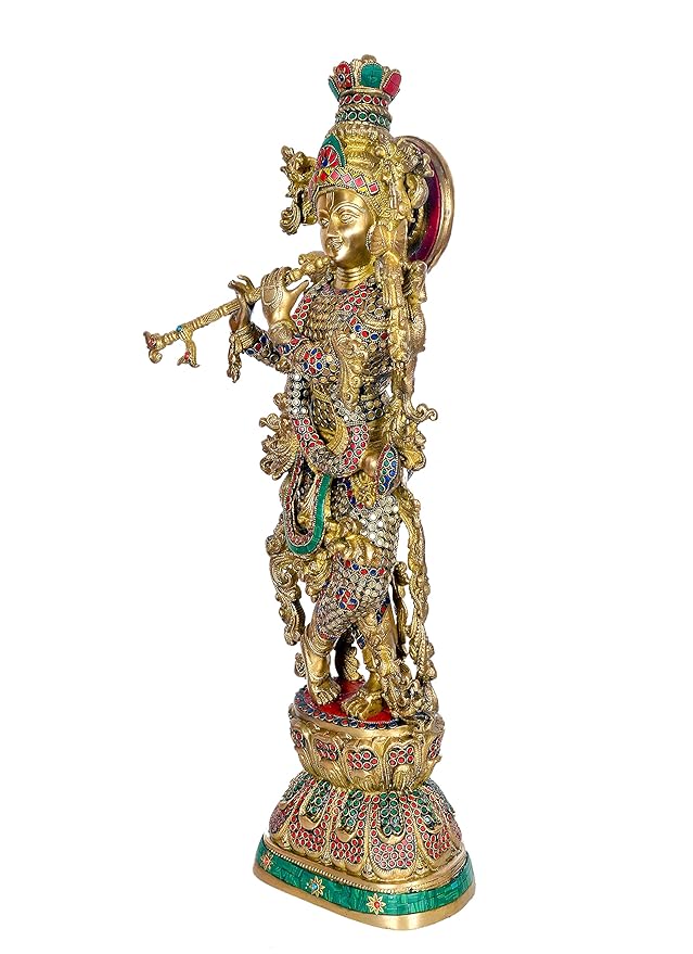 Brass Krishna Statue with Playing Flute (Height: 29 Inches)