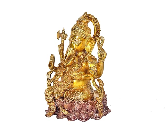 Brass Lord Ganesh Murti Ganpati Idol Vinayak Religious Statue Height 9.8 Inch Craft Detail