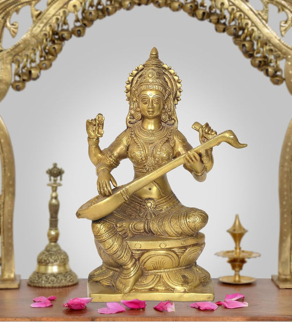 Brass Maa Saraswati Statue Handcrafted Hindu Goddess Saraswati Idol for Home Decor and Pooja Statue (Height 12 Inch) Mandir Setting