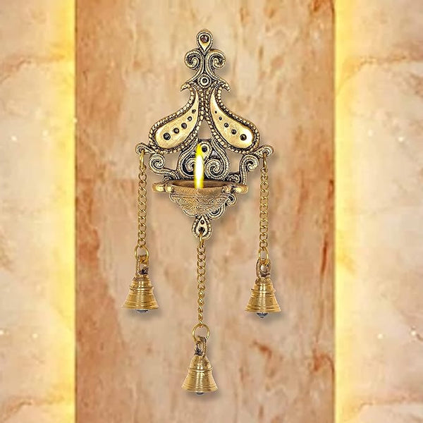 Brass Wall Hanging Diya Deepak Oil Lamp for Puja Home Decor Gift, (Height 28 cm,) Mandir Setting