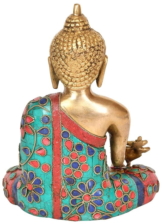 Brass Buddha idol with signature stone work (Height: 8 inches)