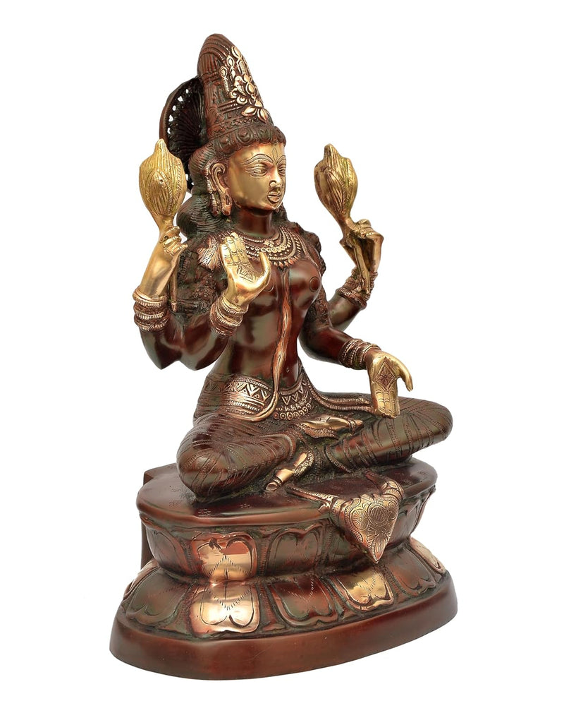 Brass Lakshmi Idol Laxmi Goddess Lakshmi Sitting Statue for Puja Temple at Home Decor Office (Height: 17 Inch)