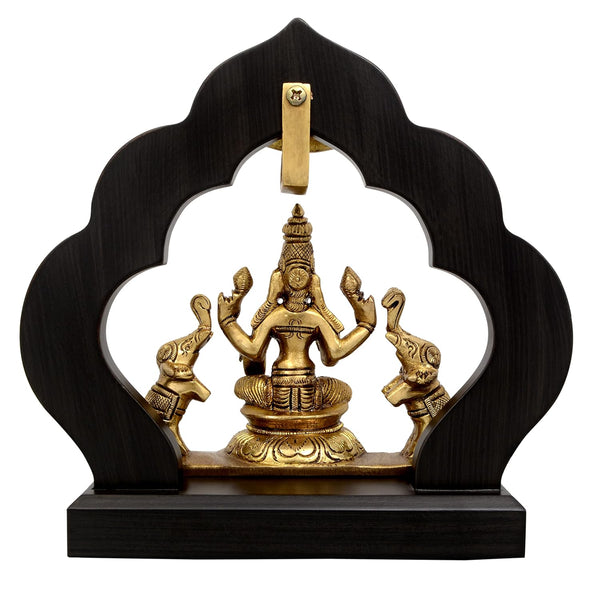 Brass Gaja Maha Lakshmi Sitting on Wooden Temple Idol/Gaja Dhan Lakshmi Brass Idol/Maha Lakshmi Brass Idol with Elephant for Good Luck, Success and Prosperity Height 7.5 Inch Study Setting