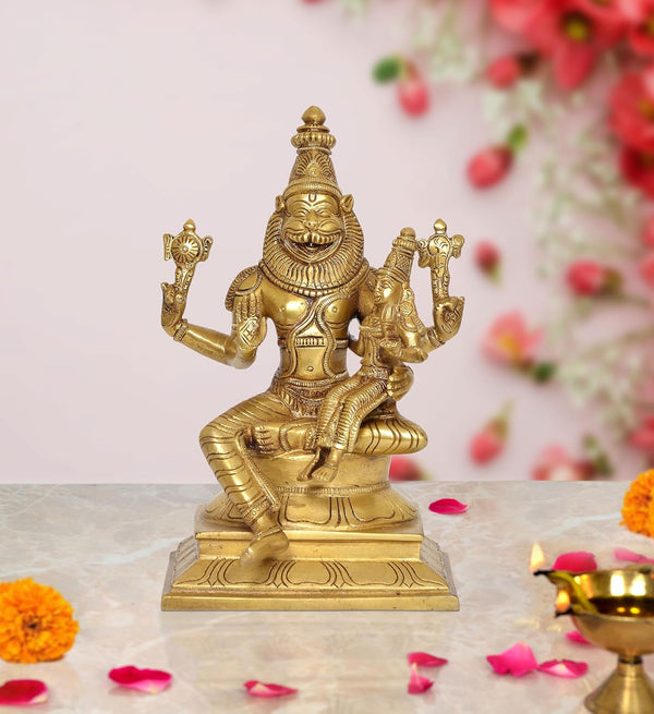 Brass Lakshmi Narasimha Statue for Home Decor Temple Office Mandir, (Height: 9 Inch) Mandir Setting