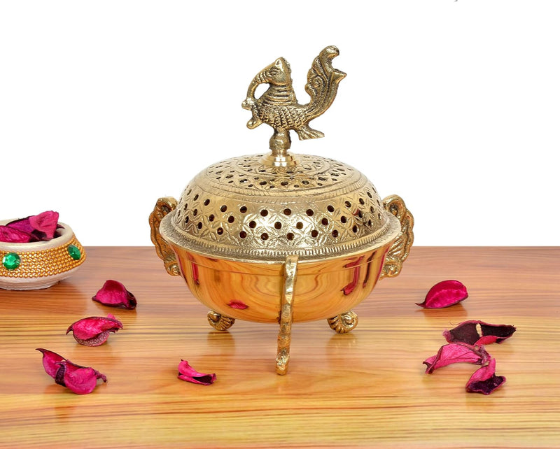 Brass Loban Dhoop Dani with Peacock Showpiece (Height 6 Inch) Golden