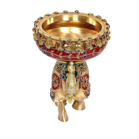 Brass Elephant with Urli Statue (Height : 9 Inches)