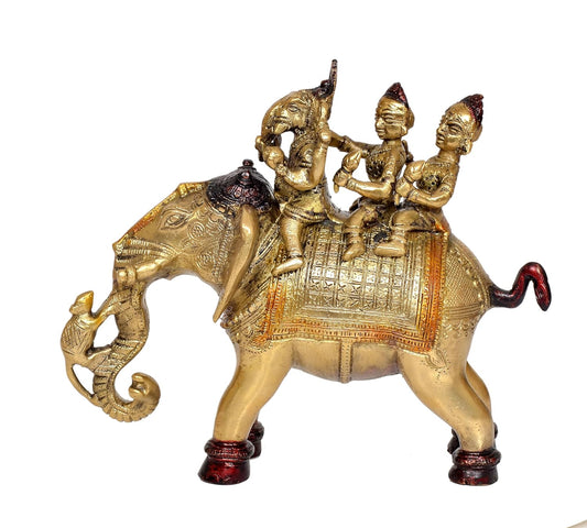 Brass Elephant with Ganesha Riddhi Siddhi Home Decor (Height 8 Inch)