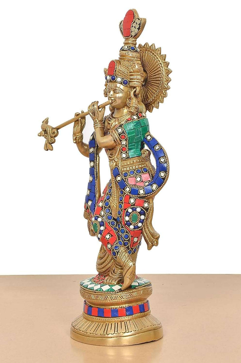 Brass Lord Krishna Idol Playing Flute (Height 15 Inch)