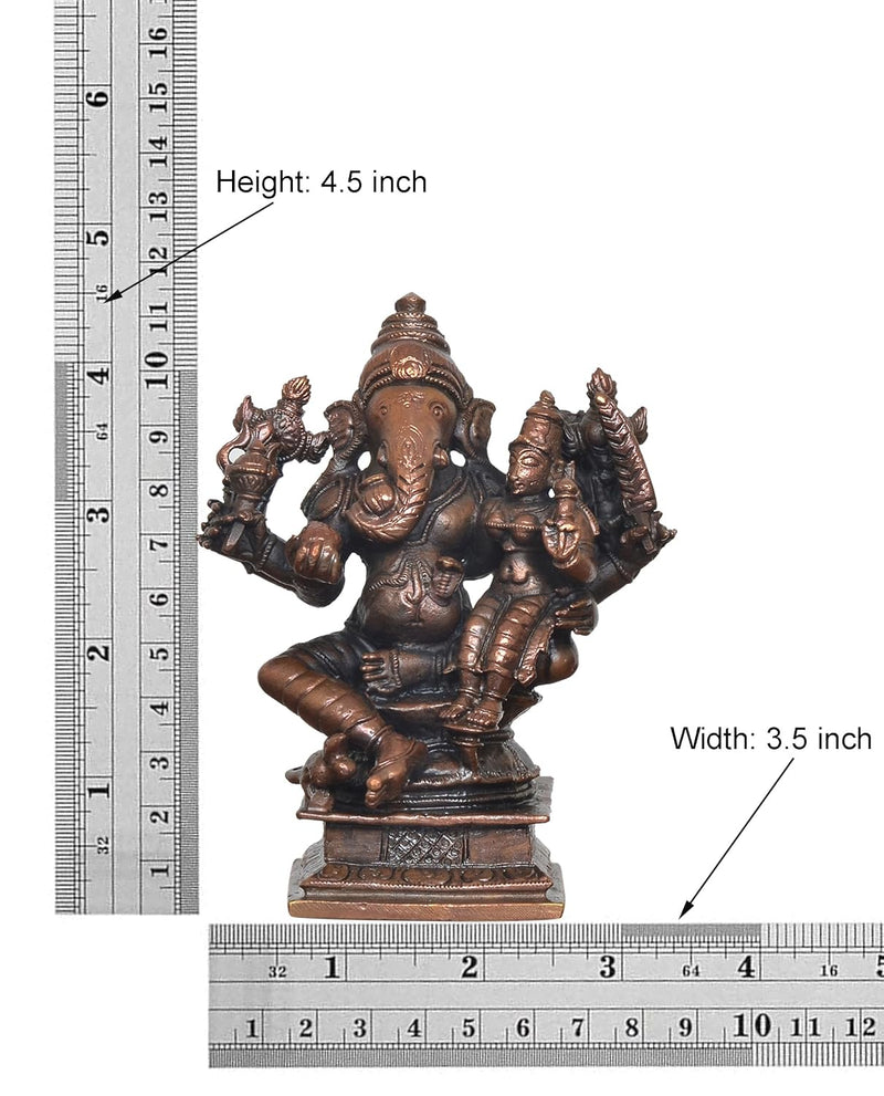 Copper Lord Ganesha  Seated with Riddhi Idol  (Height 4.5 Inch)