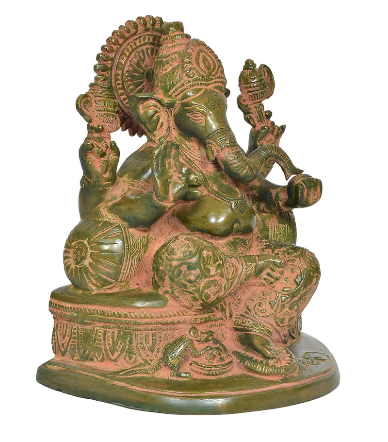 Beautiful Brass Green Ganesh Sculpture for front door showpiece (Height: 9 Inches)