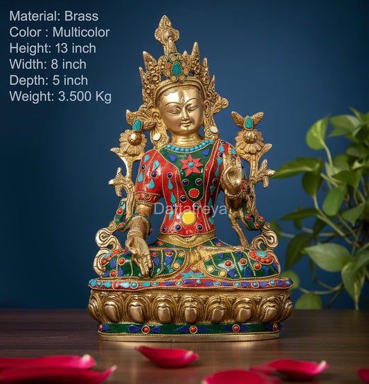 Brass Sitting Tara Devi Statue Tibetan Buddhist Deity (Height: 13 Inches)