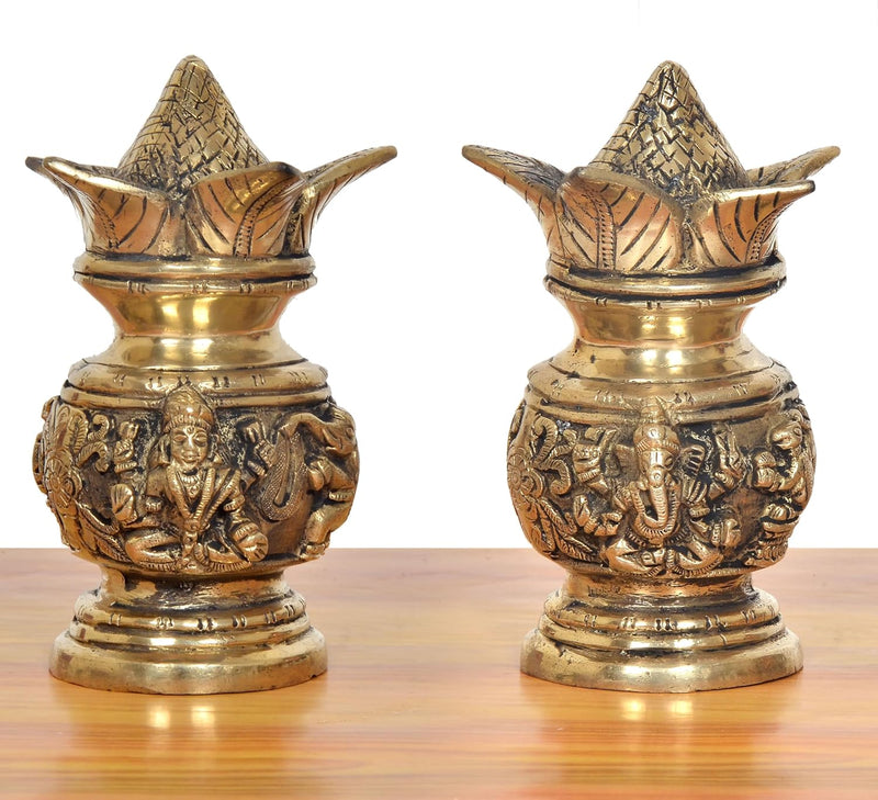 Brass Kalash Lakshmi Ganesh Carving Showpiece (Height 6 Inch)