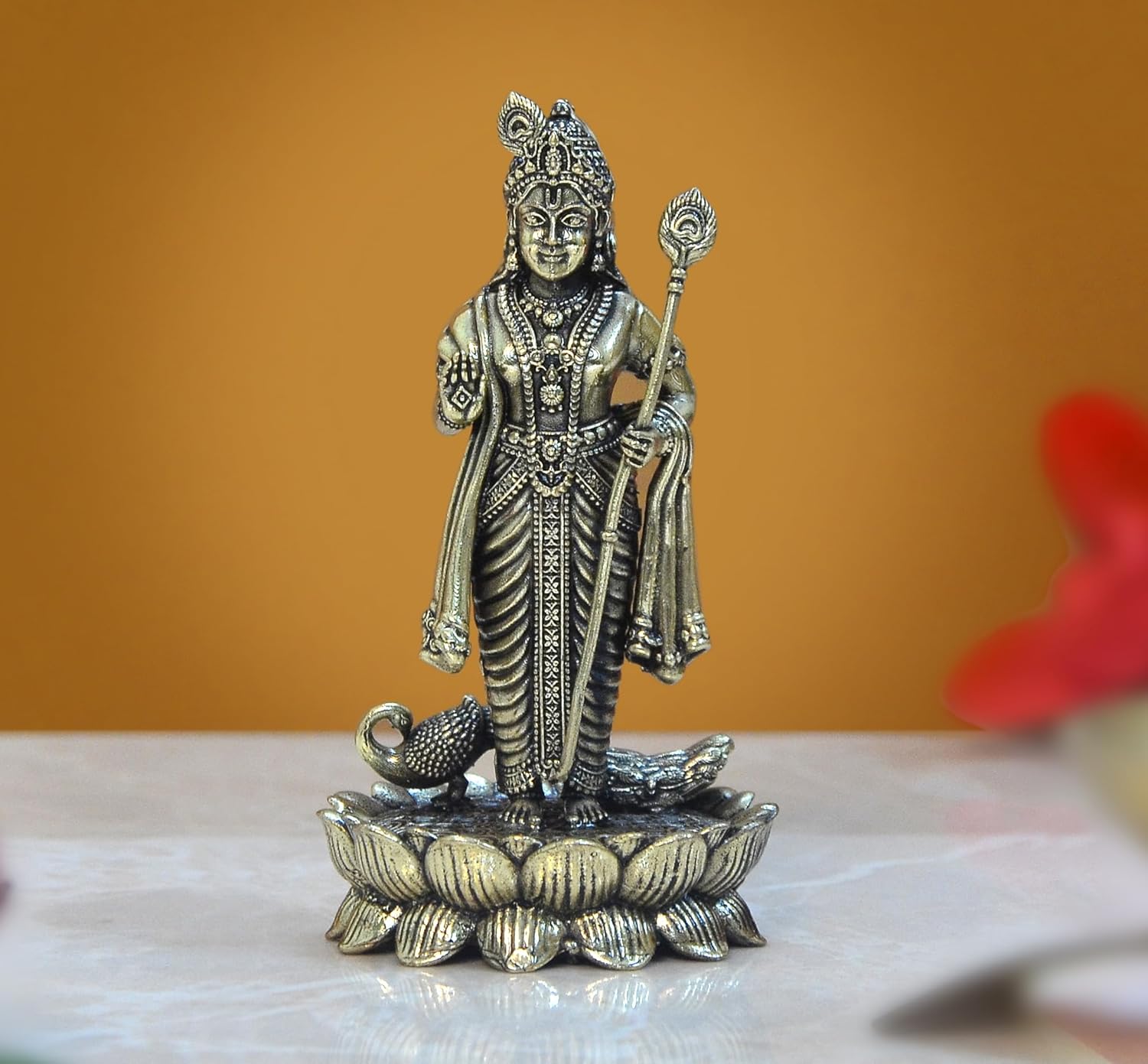 Superfine Brass Standing Lord Kartikeya Murugan Murti (Height: 3 Inch)