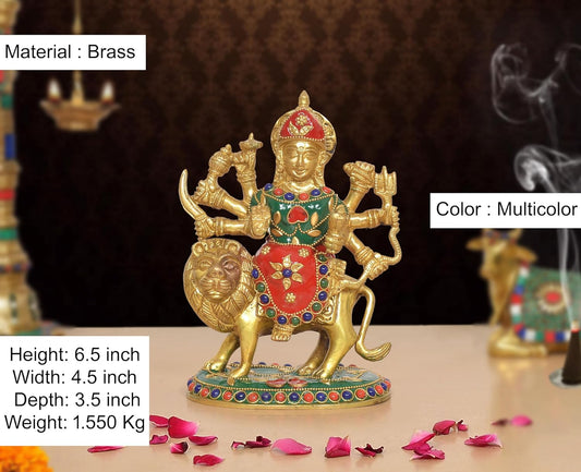 Brass Durga Maa with Lion Idol (Height: 6.5 Inch)