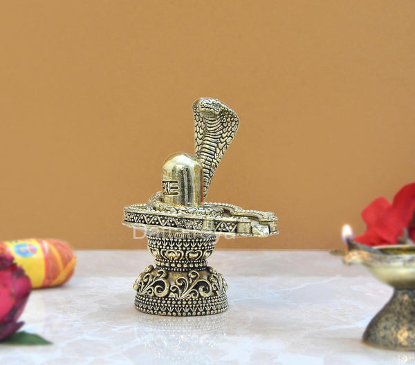 Superfine Brass Shivling with Snake Figurine (Height: 4 inch) Study Setting