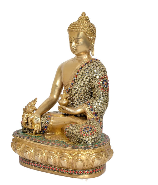 Brass Buddha Dhyan Mudra Statue Handcrafted Spiritual Decor for Home and Office Decor Meditating Buddha Idol (Height 13.5 inch) Study Setting