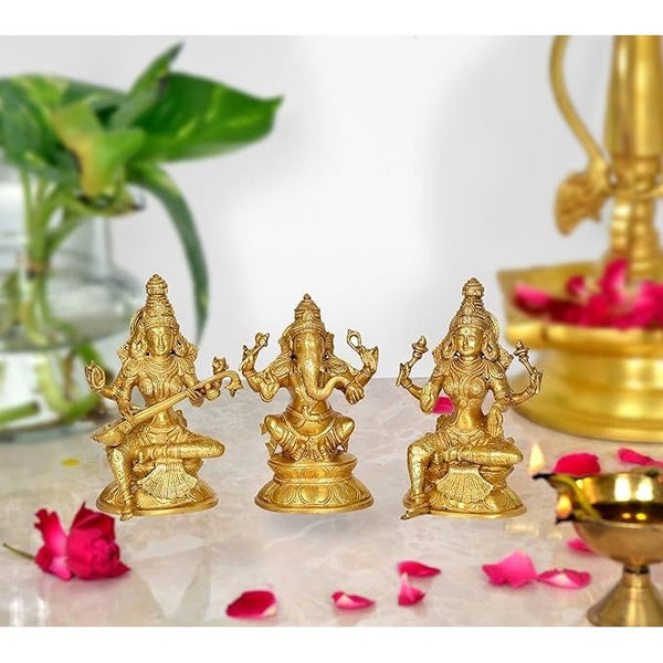 Brass Lakshmi Ganesh Saraswati Statue (Height : 8 Inches) Mandir Setting