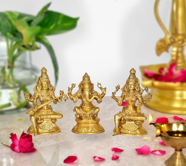 Brasss Laskshmi Ganesh Saraswati Statue Idol On Base for Temple Mandir Home Decor | Height : 8 Inches Mandir Setting