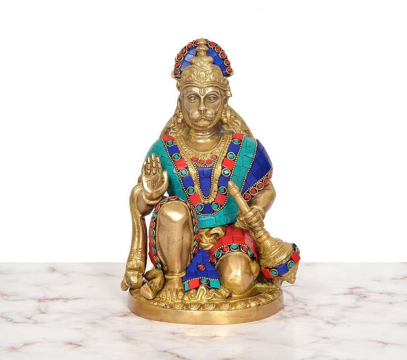 Brass Hanuman Ji Sitting Murti in Blessing Posture with Gada (Height: 9.5 inch)