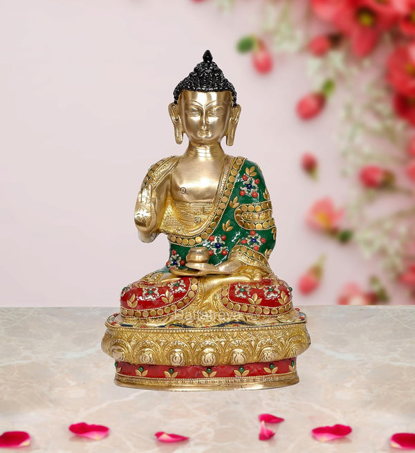 Brass Buddha Statue - Handcrafted Spiritual Decor for Home and Office - Meditating Buddha Idol (Height 12 Inch) (Green) Mandir Setting