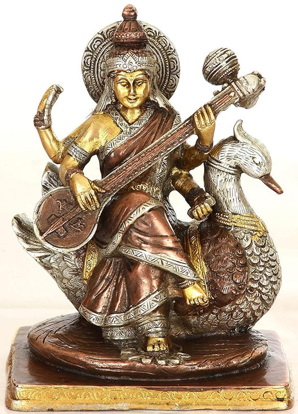 Brass Goddess Saraswati Seated On Swan, Height: 7.5 Inch Mandir Setting