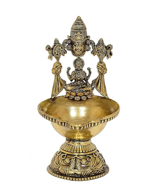 Fine Brass Tirupatibalaji and Goddess Lakshmi Diya Oil Lamp for Diwali Pooja Gift Decoration Showpiece (Height 5.5 Inch)