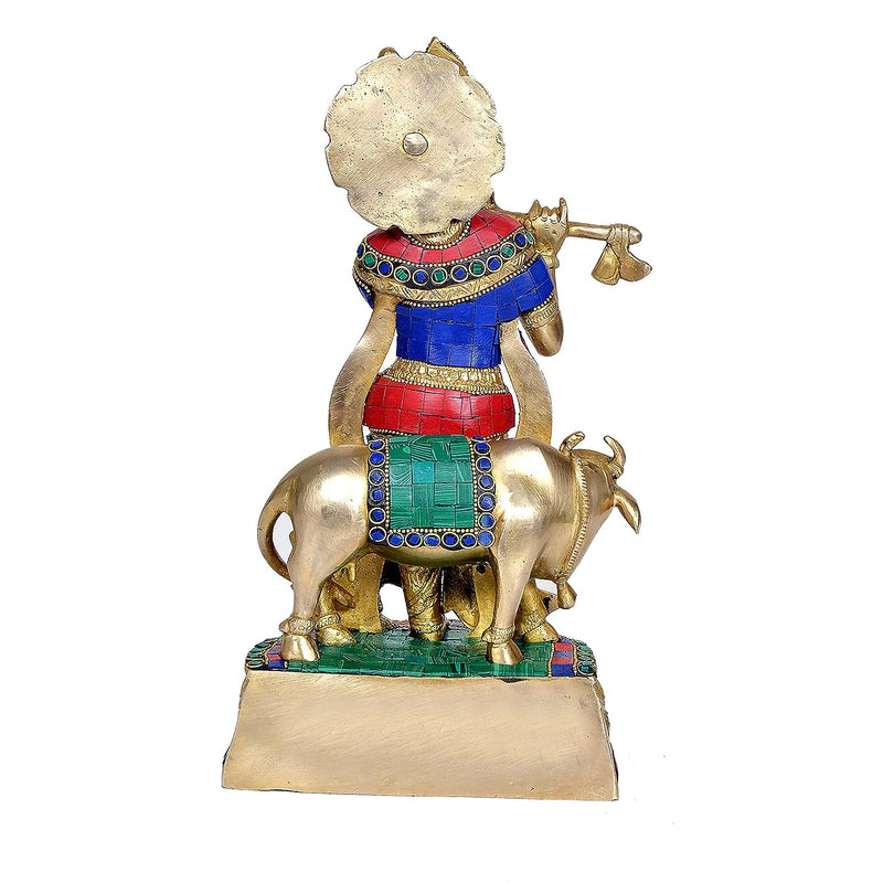 Brass Krishna with Cow Idol (Height 12.5 inches)