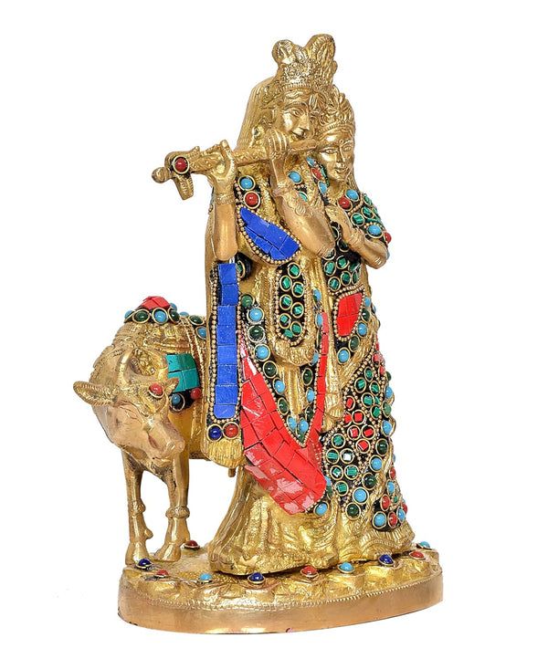 Brass Radha Krishna with Cow Idol Statue for Home Decor and Pooja Mandir Temple Office Decor (Height 9.5 Inch) Study Setting