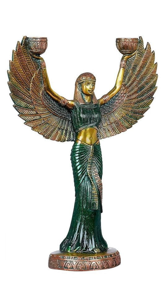 Brass Egyptian Goddess ISIS with candle holder (Height: 12inches) Green