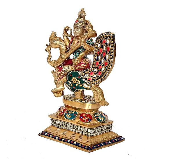 Brass Goddess Saraswati Sitting On Swan Devi of temple (Height: 11.5 Inches) Study Setting