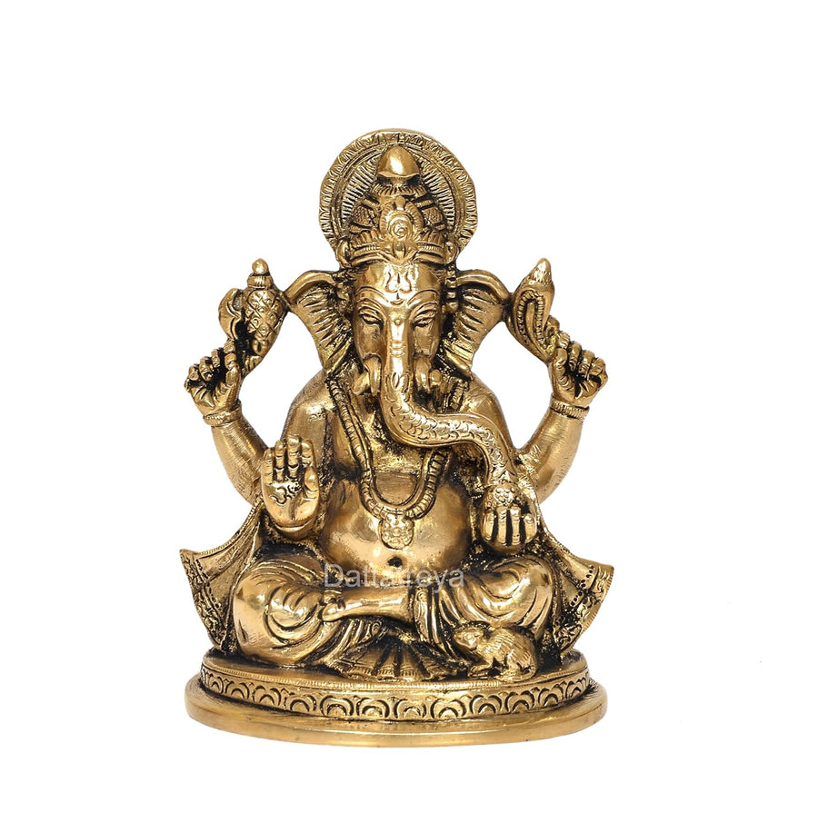 Brass Lord Ganesha Ganpati Idol Vinayak Religious Statue Brass Murti Gold Color (Height 5.5 Inch) Craft Detail