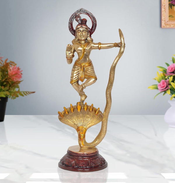 Brass Krishna Bhagwan Murti Dancing on Kaliya Naag Religious Statue for Home Temple Pooja Mandir Office Decor (Height 13 Inch) Mandir Setting