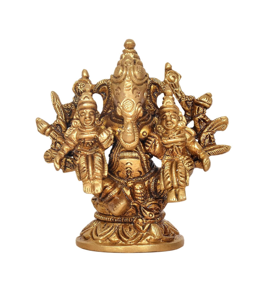 Brass Ganesha with Riddhi and Siddhi Idol - Hindu Deity Statue for Home Temple (Height : 3 inch) Craft Detail