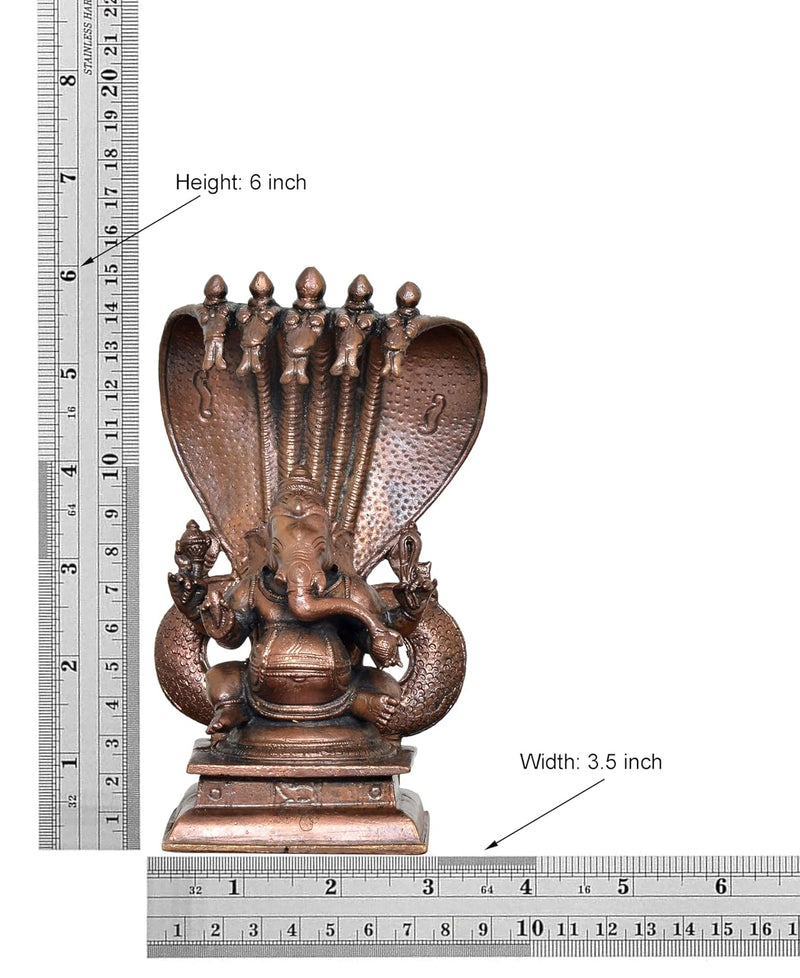 Copper Lord Ganesha with Adishesha Nag Statue (Height 6 Inch)