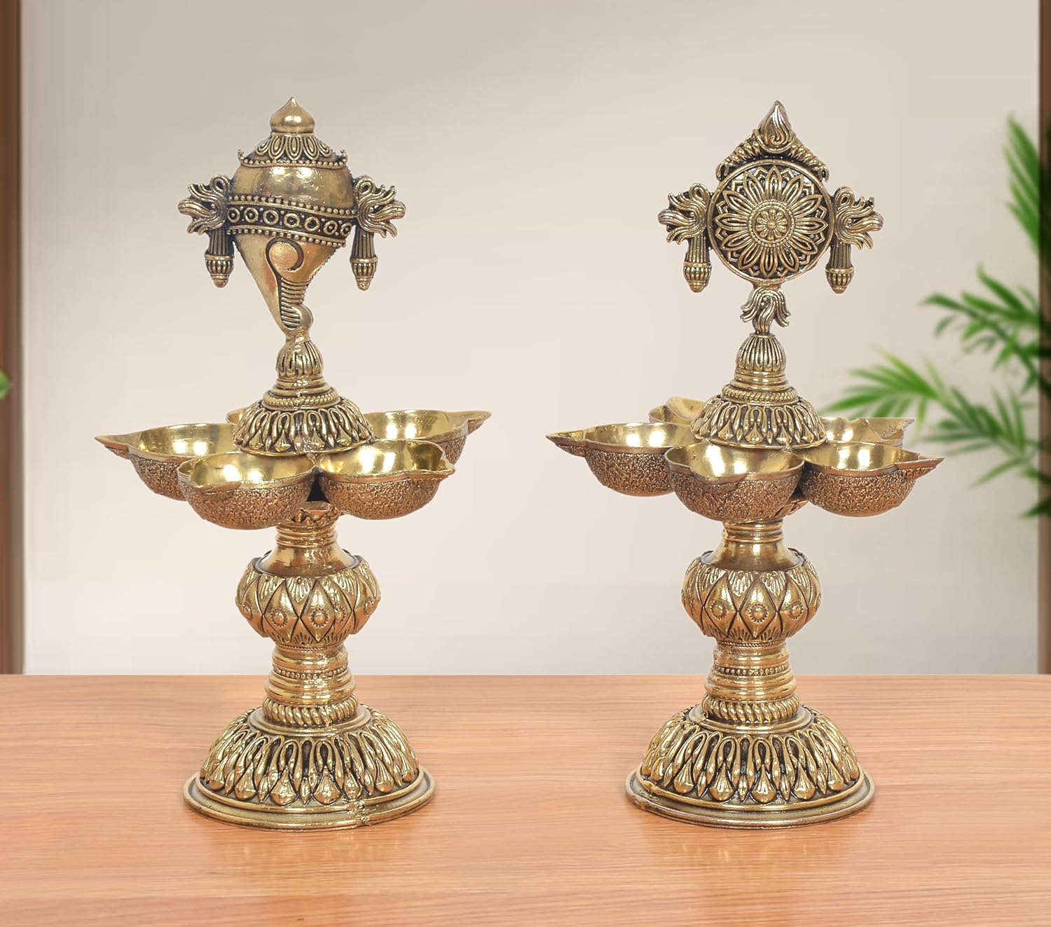 AONA Bronze Traditional Five Diya Shankh, Chakra Oil Lamp Stand Vishnu Symbol