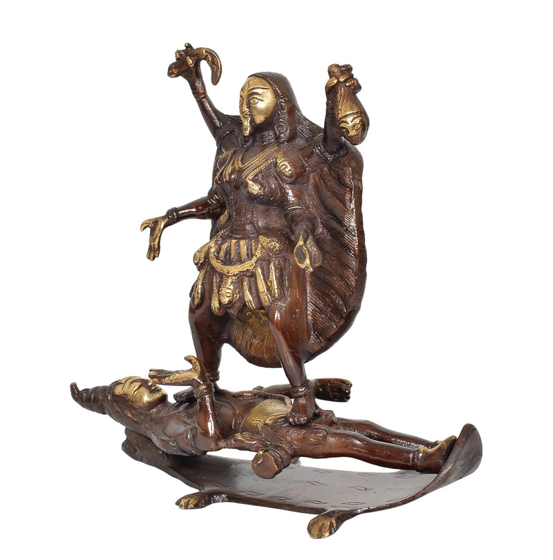 Brass Goddess Mahakali Kali MATA Idol Statues with Shivji, for Home Decor Pooja Mandir Temple (Height: 8.5 inch)