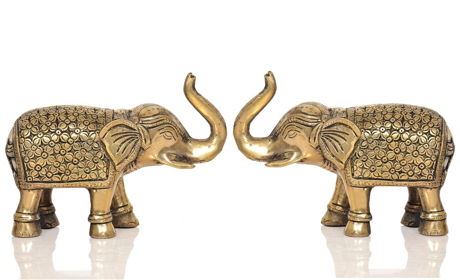 Brass Elephant Figurine - Decorative Statue for Home Decor, Feng Shui, and Good Luck |Pack of 2| (Height 5 Inch) Craft Detail