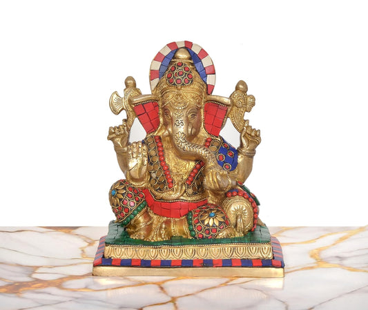 Brass Sitting Lord Ganesha Idol (Height 8 Inch) (Multicolor)