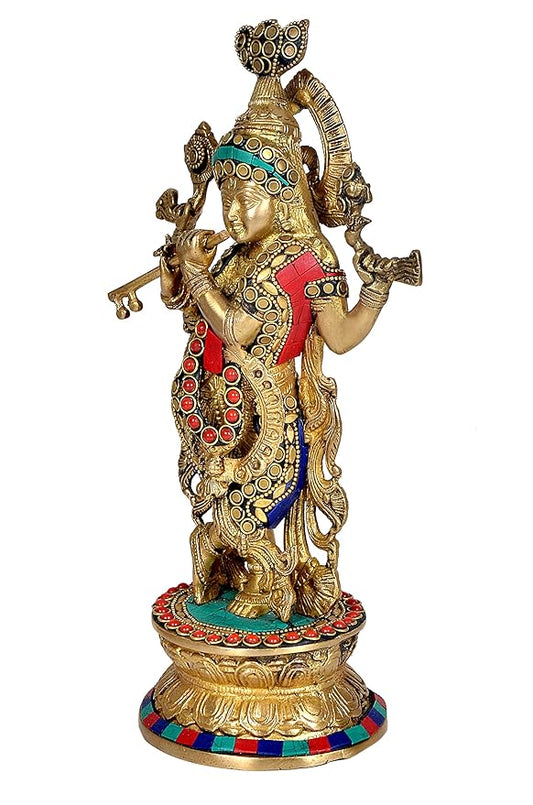 Brass Lord Krishna Playing Flute Figurine (Height: 12 Inches)
