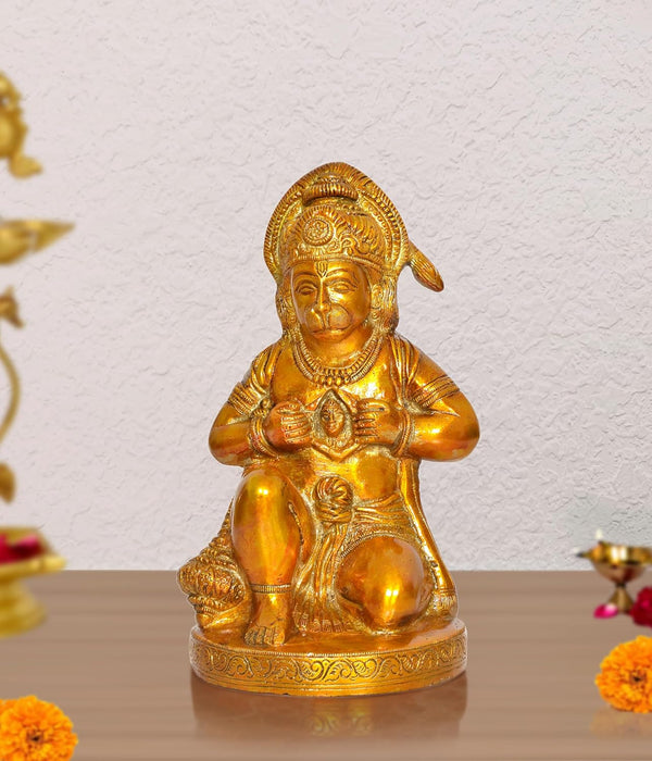 Brass Hanuman JI Sitting Statue Idol Sculpture Statue for Home Decor Pooja Mandir Temple (Height: 8 Inch) Mandir Setting