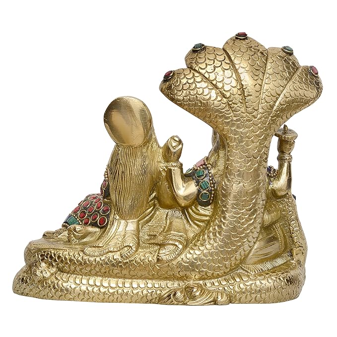 Brass Vishnu Lakshmi Sitting on SheshNaag Idol (Height: 6.4 Inches)