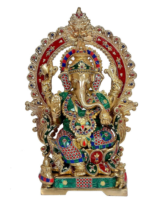 Brass Ganesha Statue with Kirtimuka Frame Sitting On Lotus Base (Height : 18 Inches)