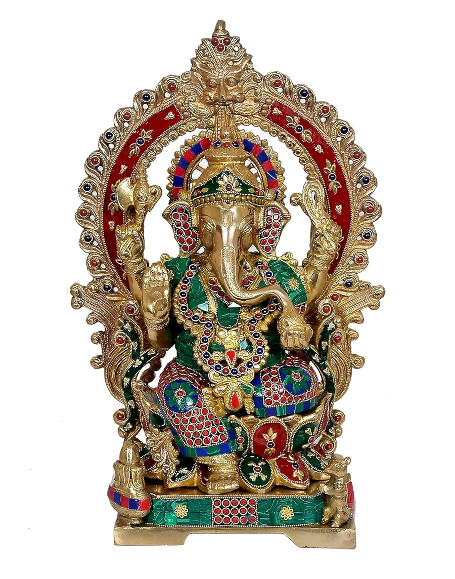 Brass Ganesha Statue with Kirtimuka Frame Sitting On Lotus Base (Height : 18 Inches) Craft Detail