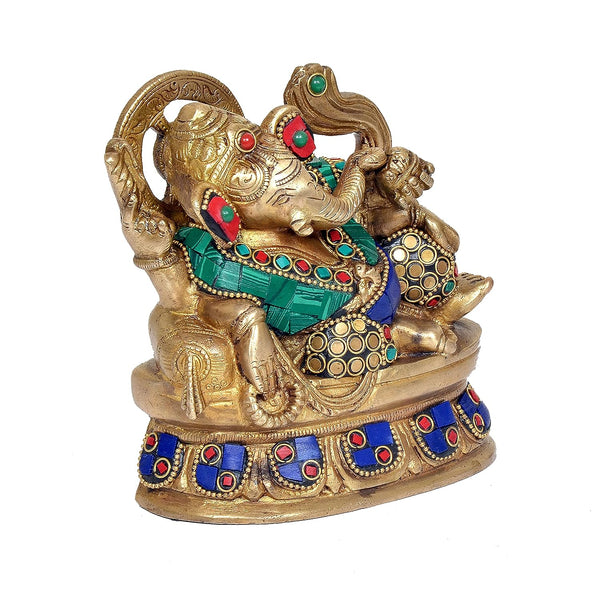 Brass Ganesha Eating Ladoo on Asan (Height: 5 Inches) Study Setting