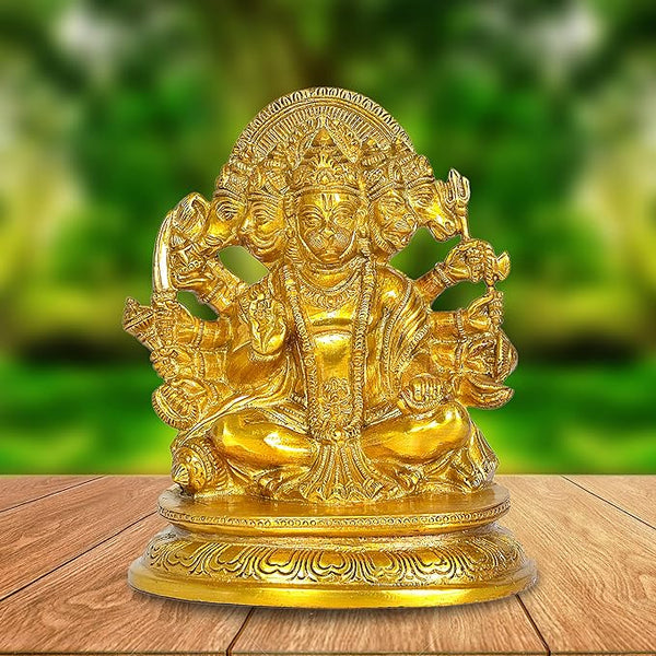 Brass Panchmukhi Hanuman Idol Figurine Home Office Temple Best Gift Item Golden Height 6.5 Inches Mandir Setting