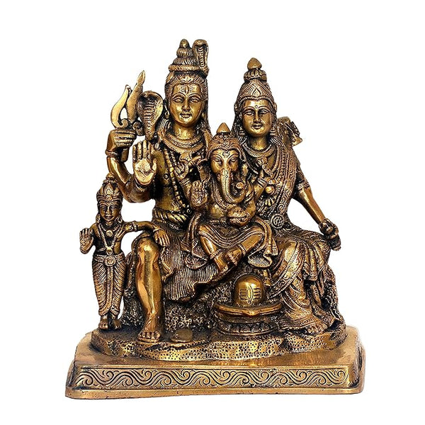 Brass Shiv Parivar Statue Idol On Base Holding Trident for Home Decor | Height : 10 inches Study Setting