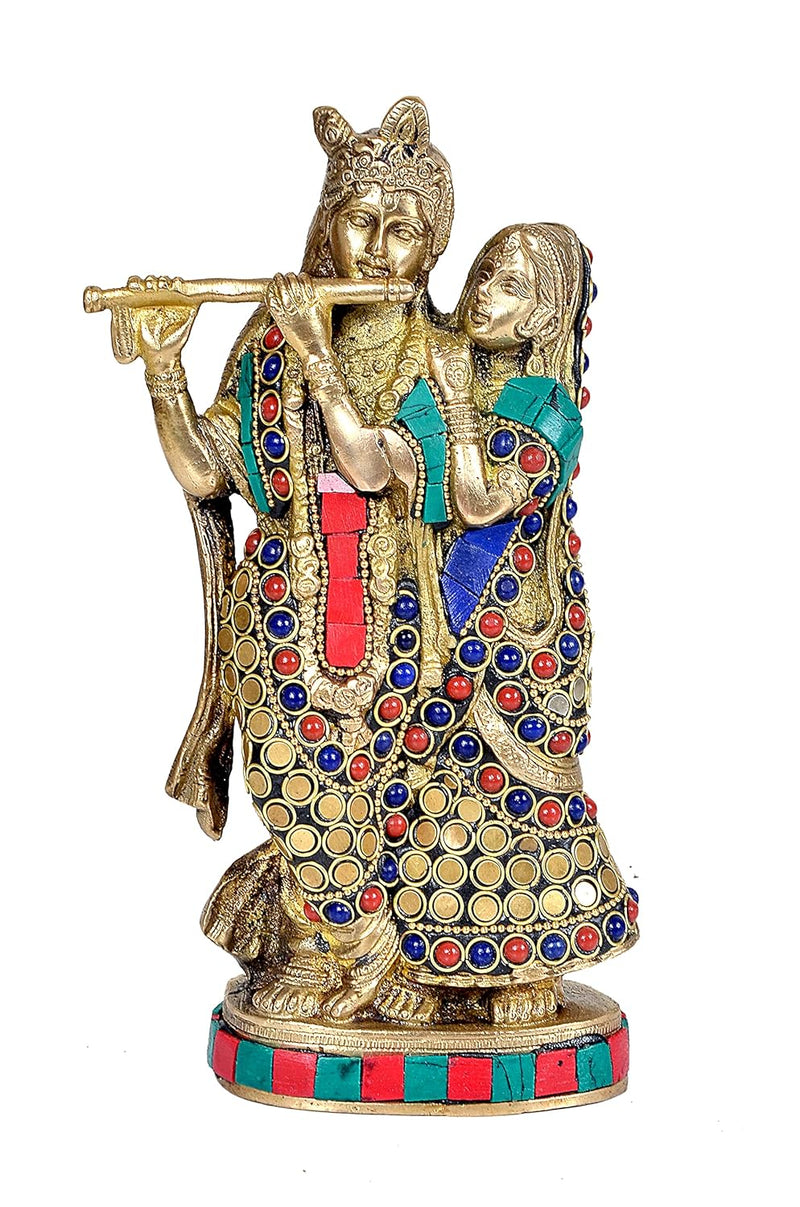 Brass Radha Krishna Idol with Stone Work (Height  8.5 Inches)