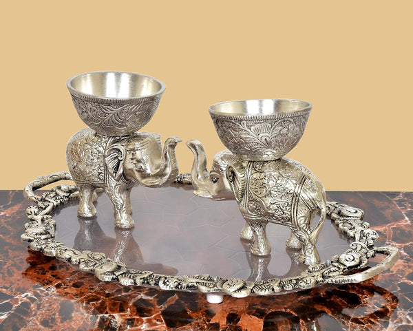 Metal Elephant Dry Fruit Bowl with Tray Silver Polish (Height: 5 inch) Study Setting