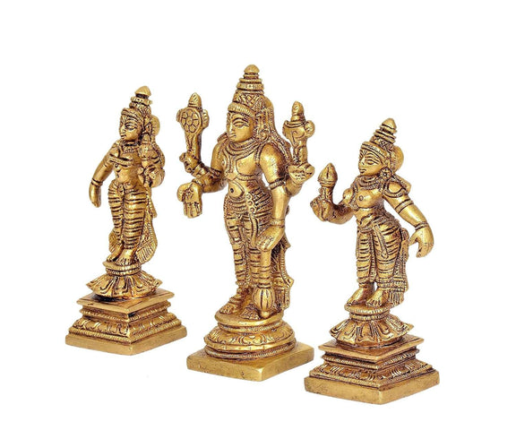 Brass Vishnu Bhudevi Sridevi Statue Idol Height : 6 inches (Large)