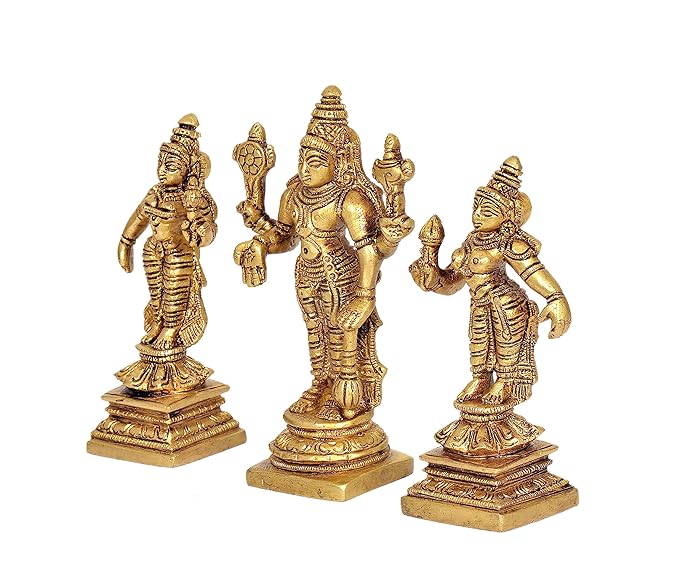 Brass Vishnu BhuDevi Sridevi Statue (Height : 6 inches)
